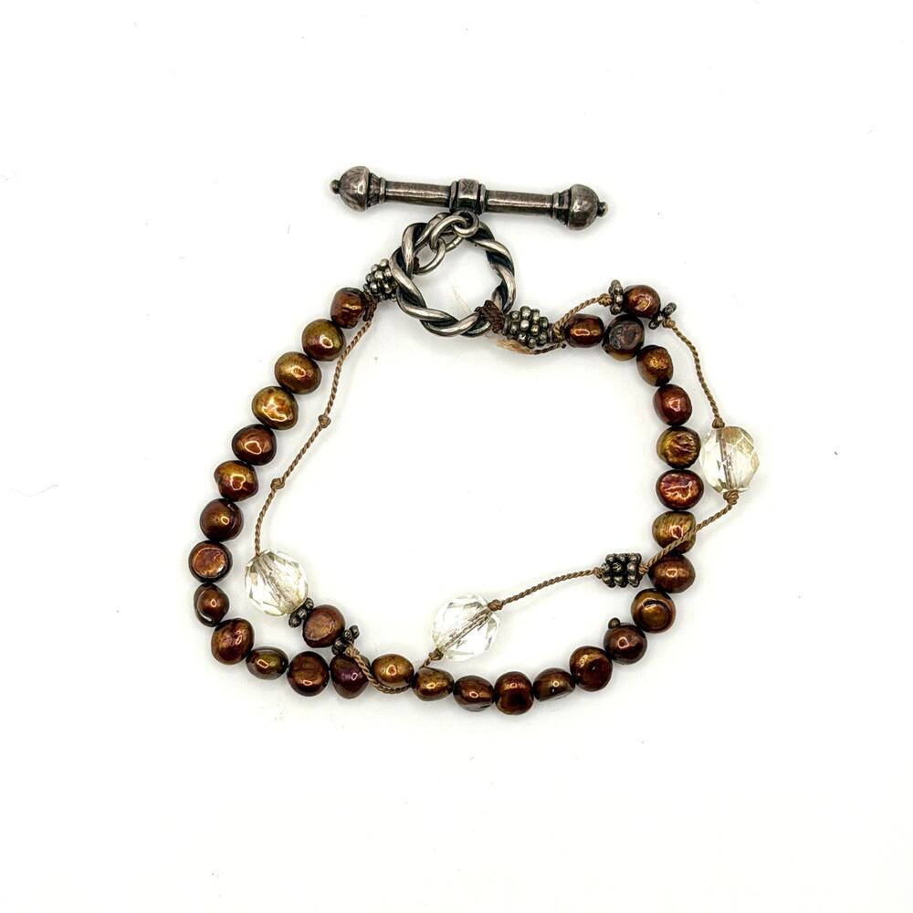 Vintage 90s Sterling Silver Bronze Freshwater Pearl Quartz Toggle Bracelet